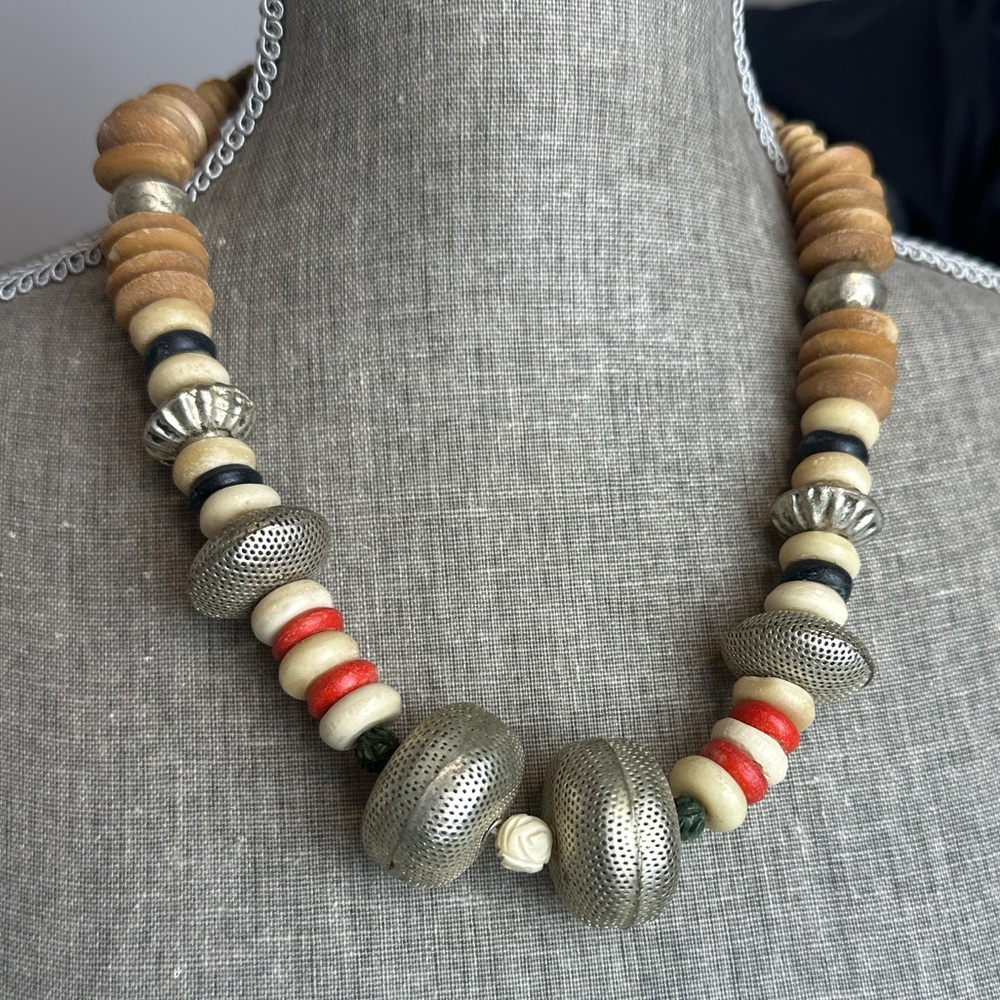 Boho Tribal Statement Necklace – Mixed Beads, Wood & Metal – Unique Vintage